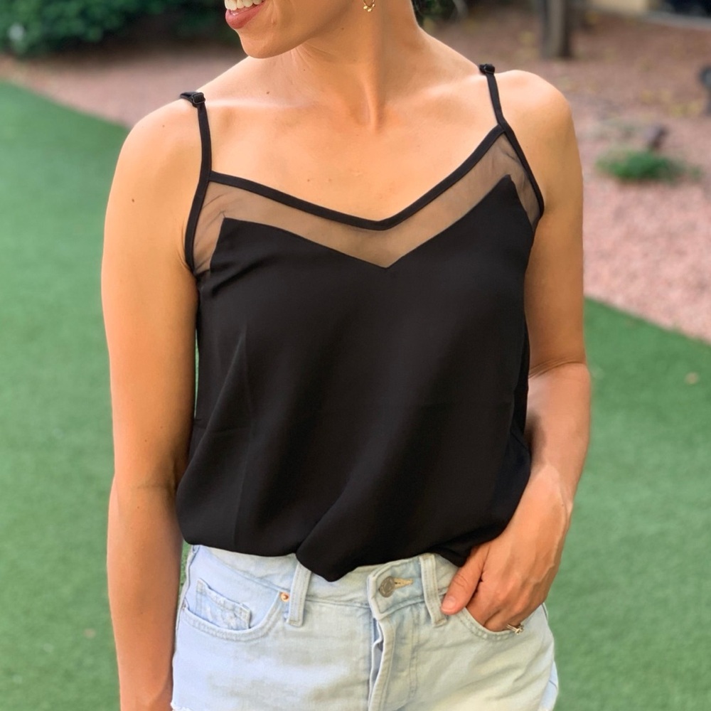 Mesh Trim Woven Black Tank